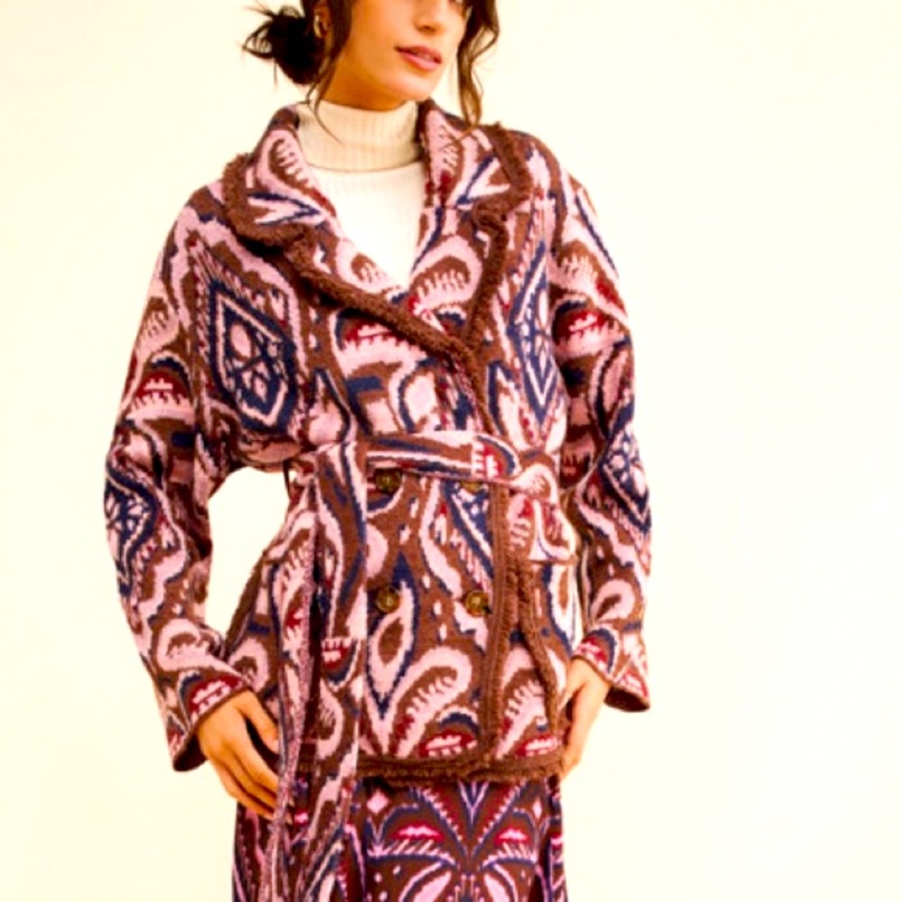 Farm Rio Pineapple Ikat Oversized Cardigan Sweater Belted M